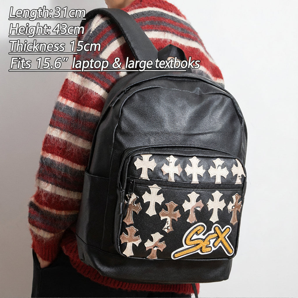Chrome Hearts Cross PU Leather Student Backpack
