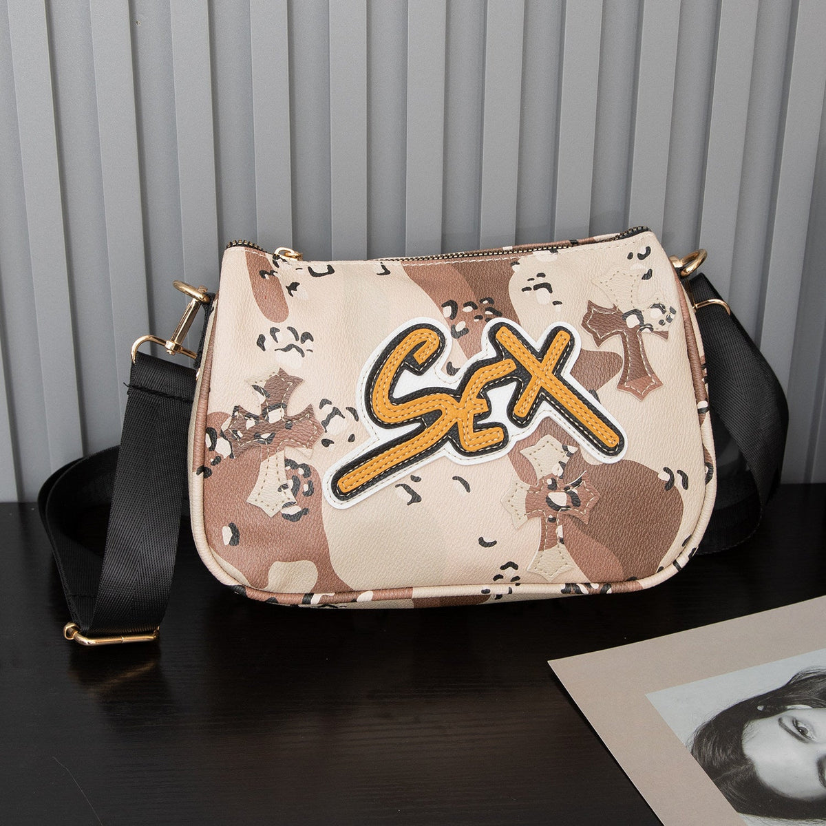 Chrome Hearts cross camouflage PU leather crossbody bag