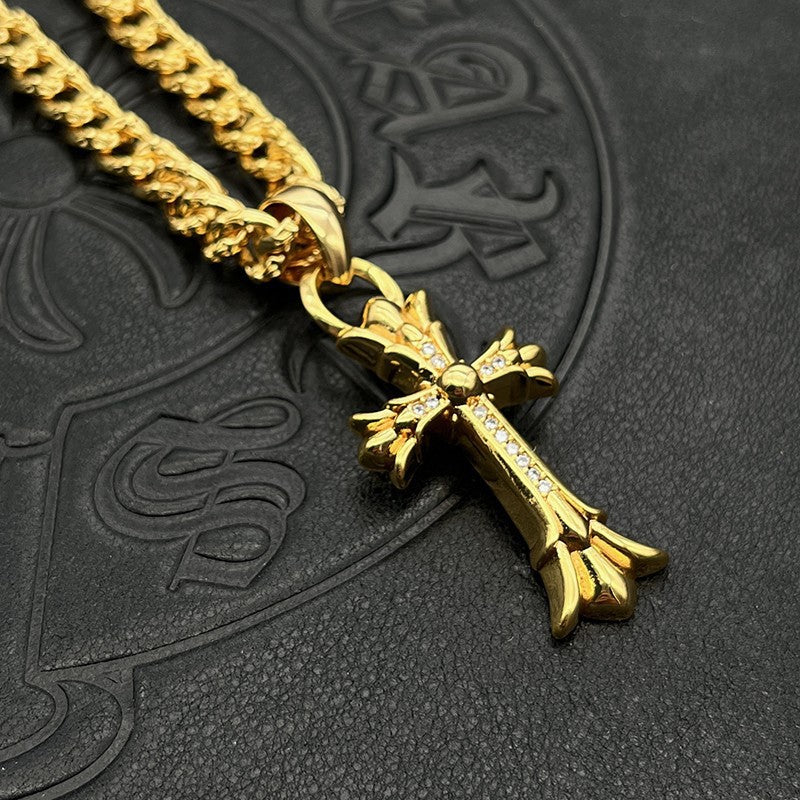 Chrome Hearts gold medium diamond cross pendant