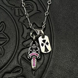 Chrome Hearts Diamond-Inlaid Sword and Dog Tag Double Pendant