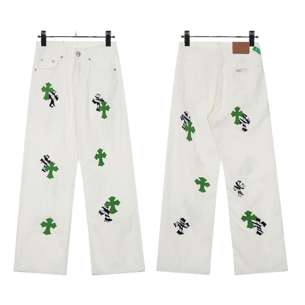 Chrome Hearts color cross leather jeans