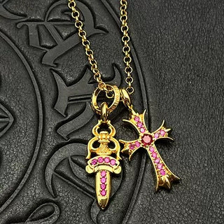 Chrome Hearts gold diamond sword cross double pendant