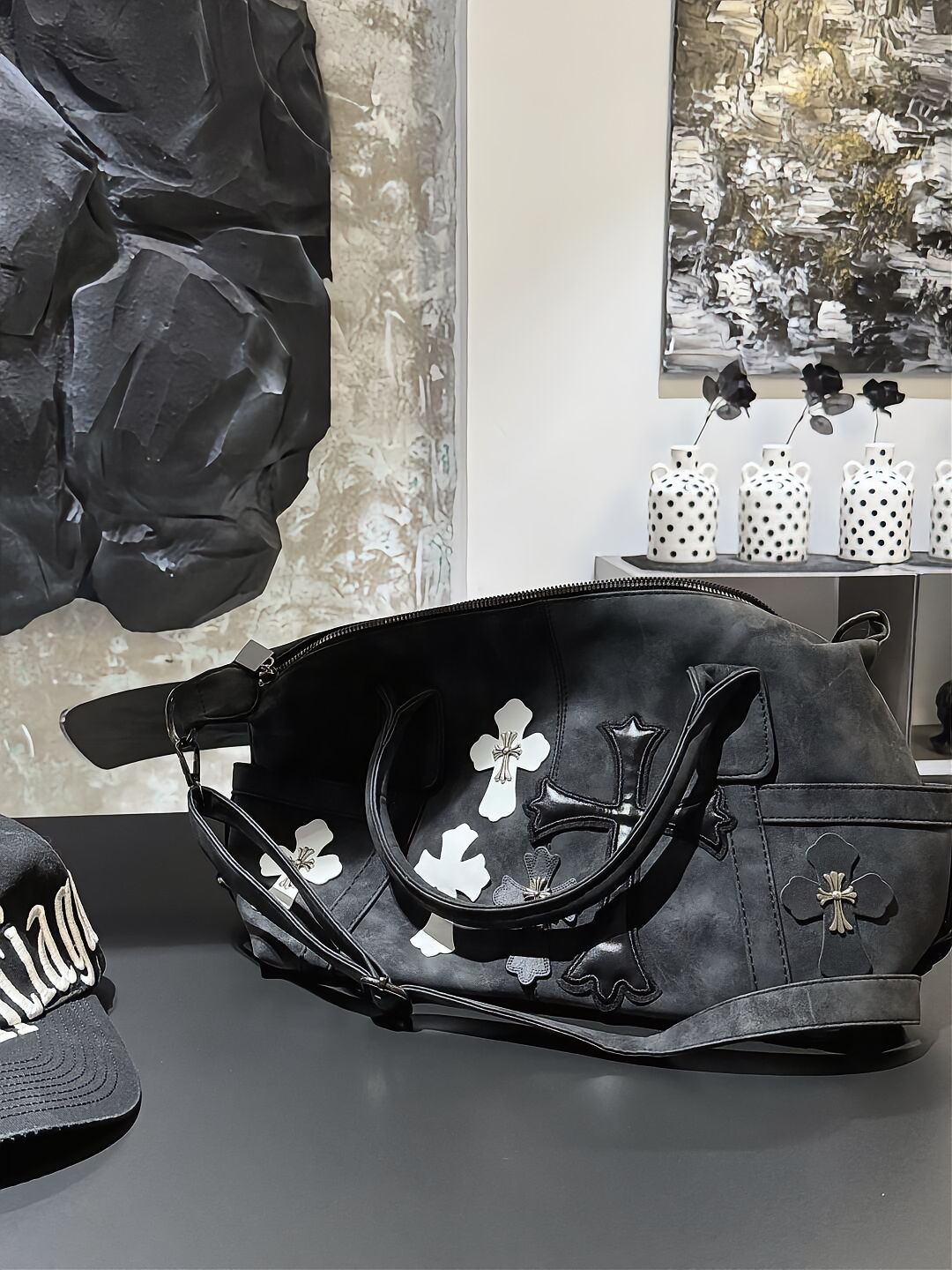 Chrome Hearts Black and White Patchwork Travel Bag