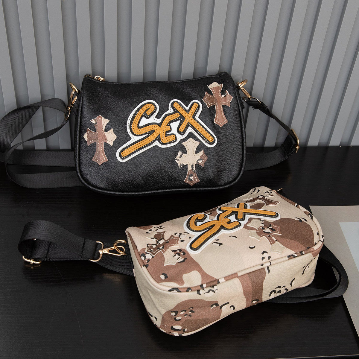 Chrome Hearts cross camouflage PU leather crossbody bag