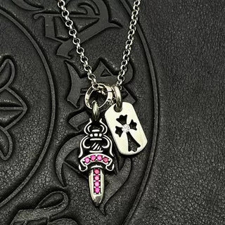 Chrome Hearts Diamond-Inlaid Sword and Dog Tag Double Pendant