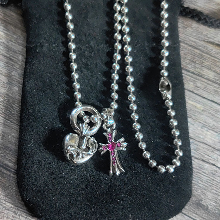 chrome hearts pink diamond cross love bead necklace