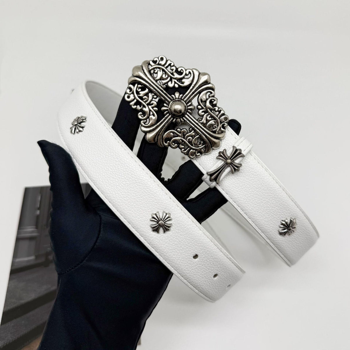 Chrome Hearts Cemetery Cross Classic PU Leather Belt with Rivets