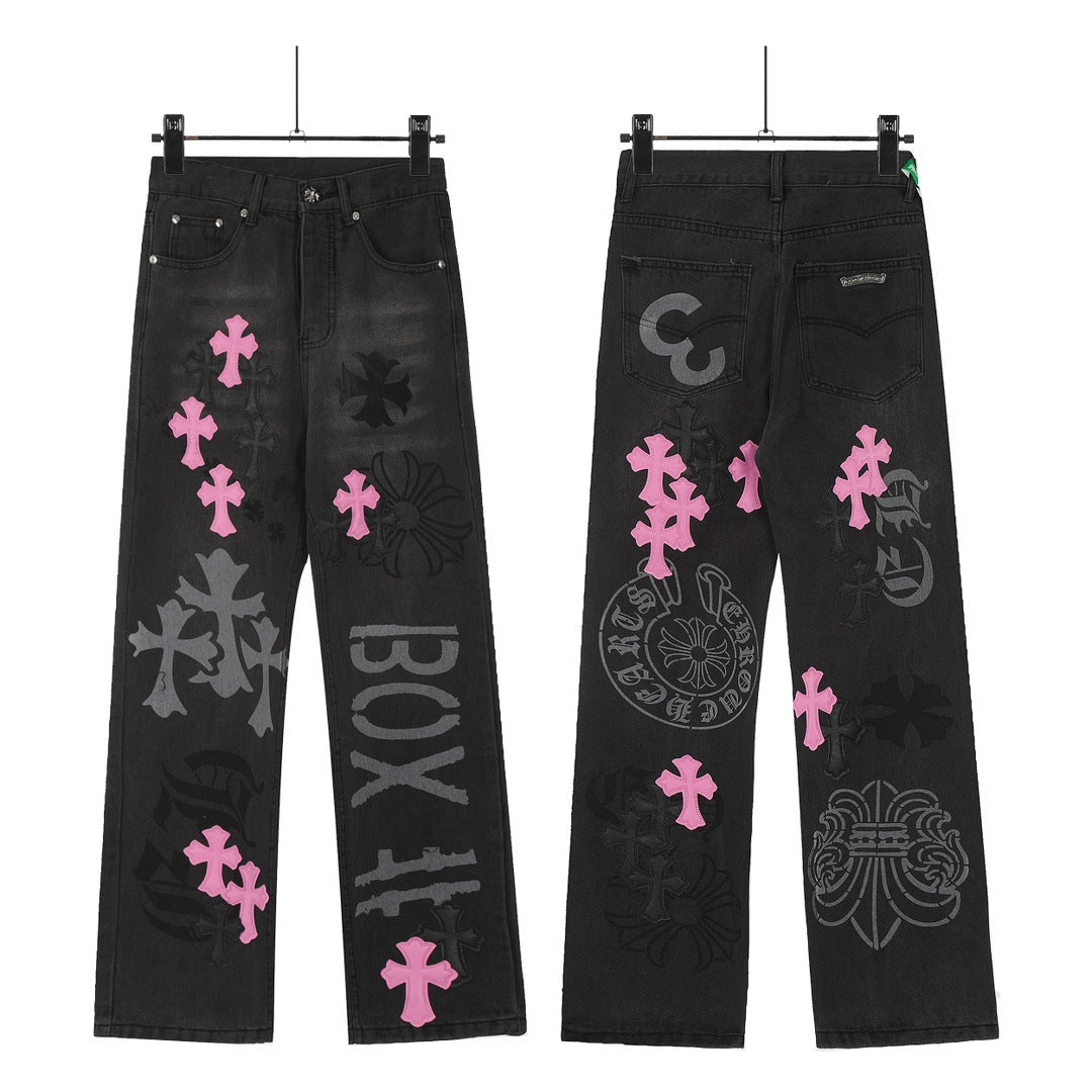 Chrome Hearts Classic Color Cross Leather Jeans