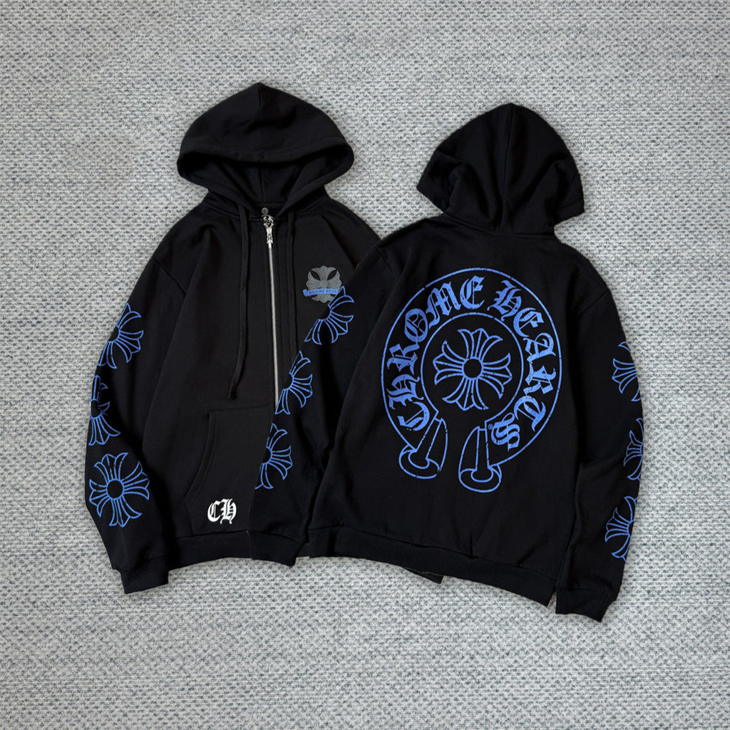 Chrome Hearts blue horseshoe hooded zip-up jacket