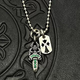 Chrome Hearts Diamond-Inlaid Sword and Dog Tag Double Pendant