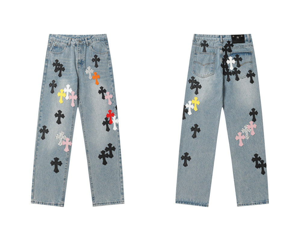 Chrome Hearts color cross leather jeans